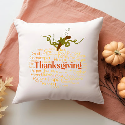 a white pillow with a thanksgiving message on it