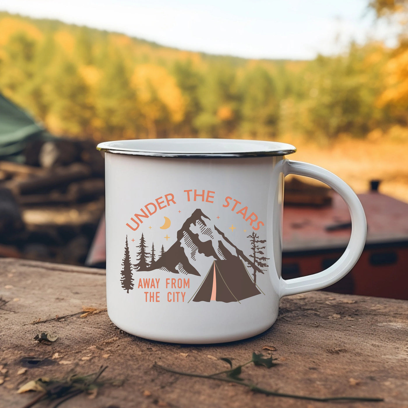 a camp mug sitting on top of a wooden table