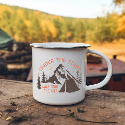 a camp mug sitting on top of a wooden table