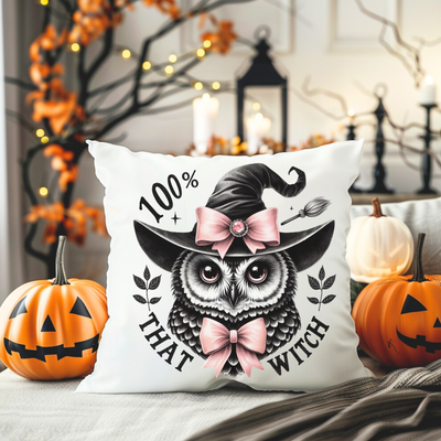 a pillow with an owl wearing a witches hat