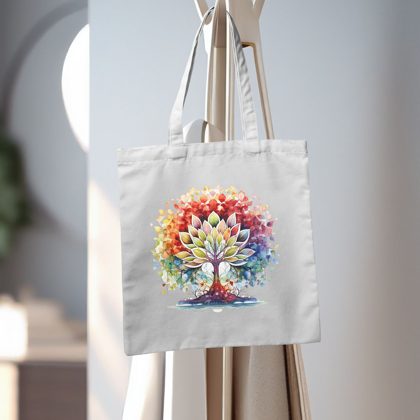 a tote bag hanging on a clothes rack