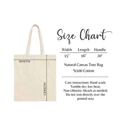 the size chart for a natural canvas tote bag