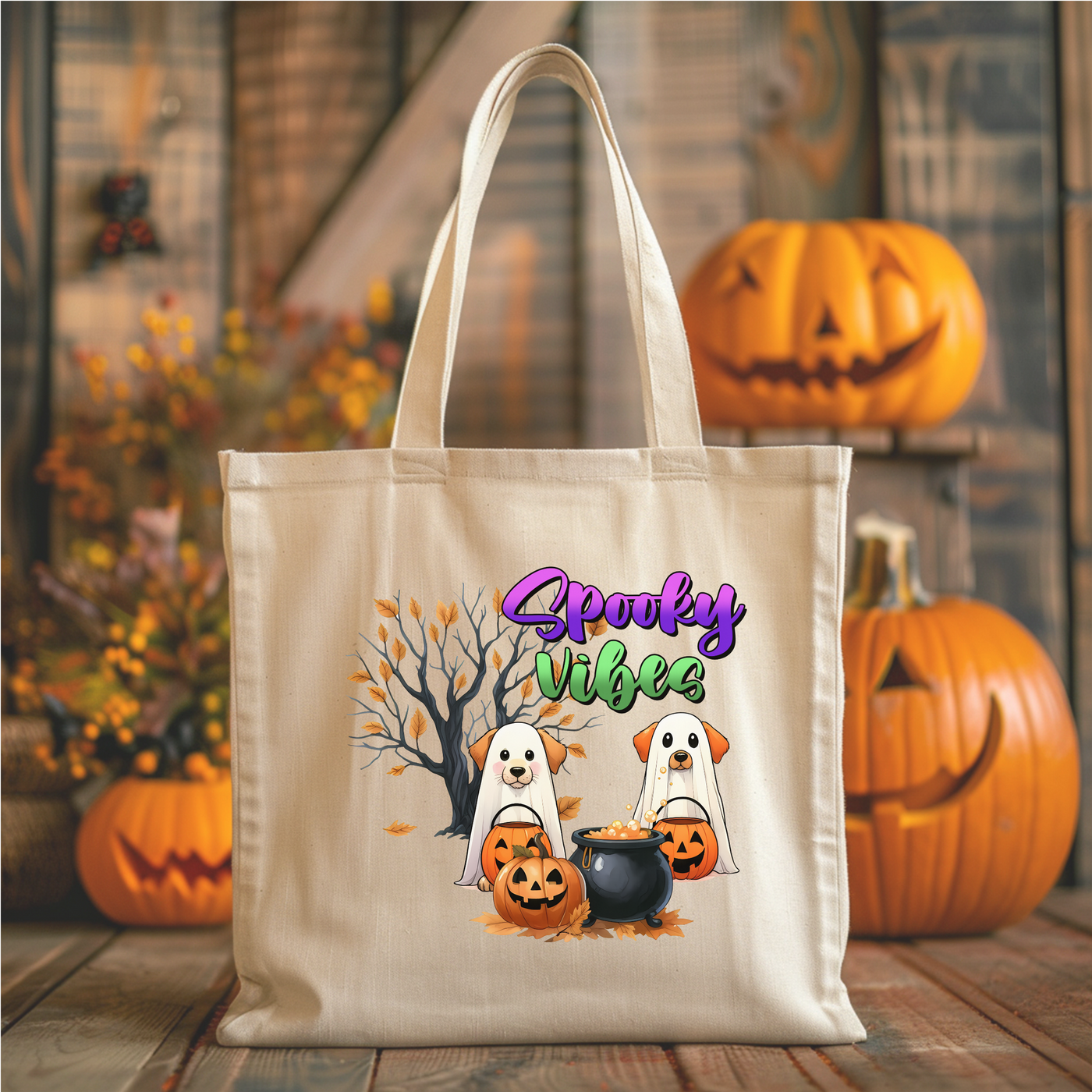 a white bag with two pandas and pumpkins on it