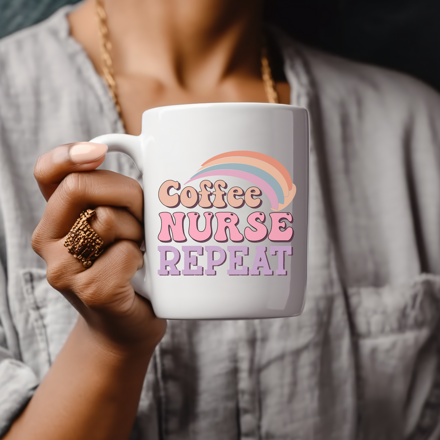 a woman holding a coffee mug with the words coffee nurse on it