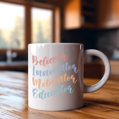 a white coffee mug sitting on top of a wooden table