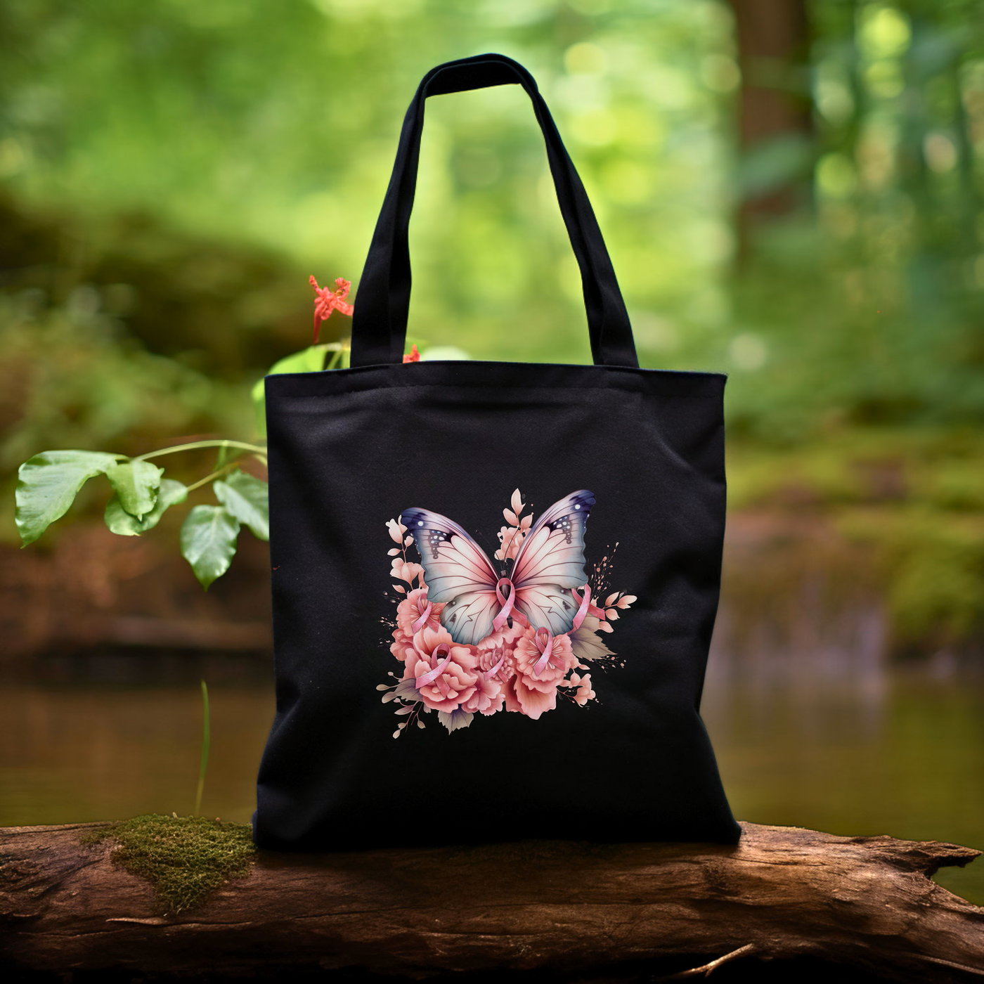 a black bag with a picture of a butterfly on it