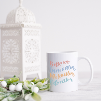 a white coffee mug sitting on top of a table