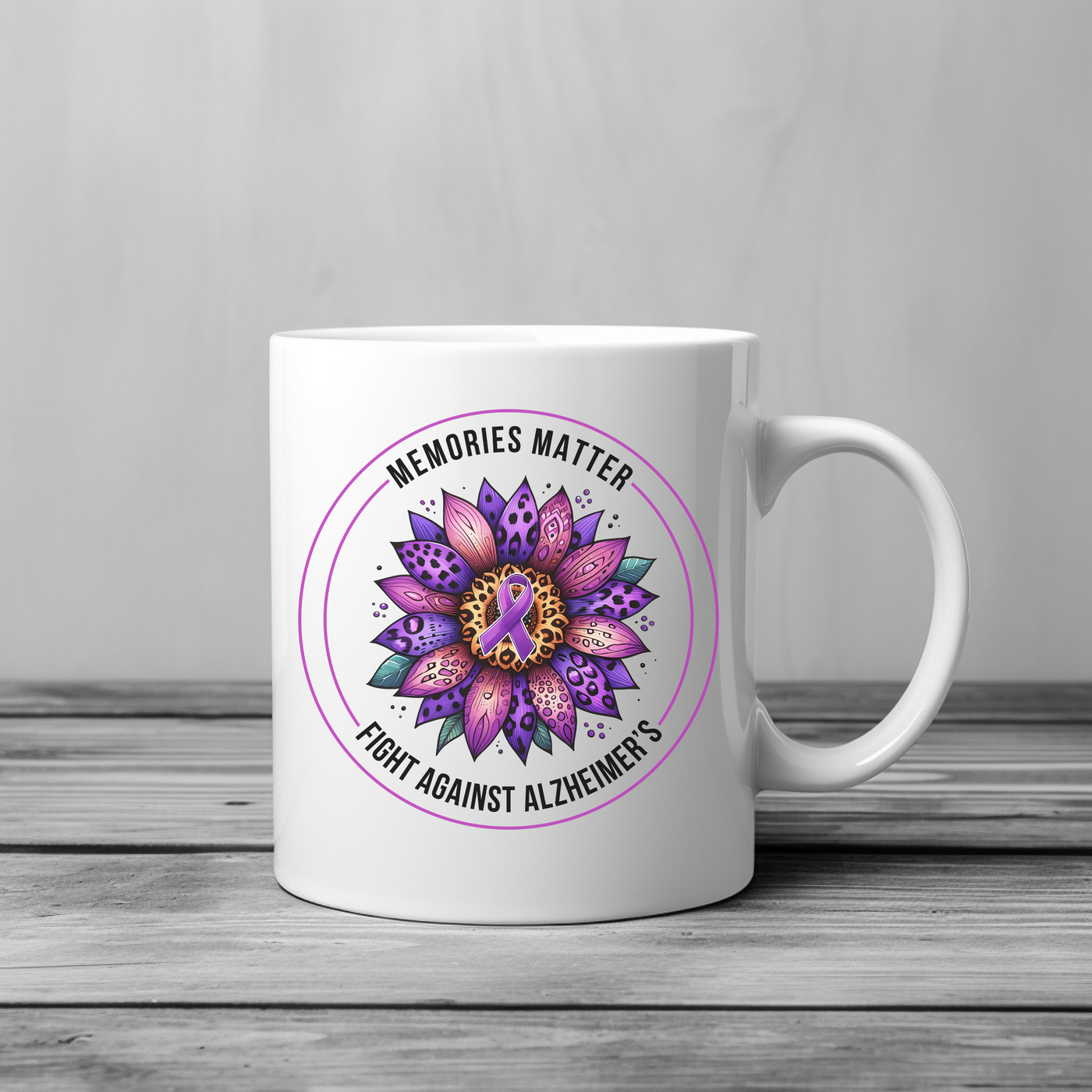 a white coffee mug with a purple flower on it