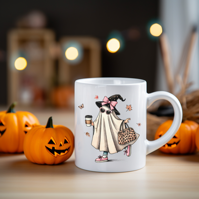 a white coffee mug with a picture of a woman holding a coffee cup