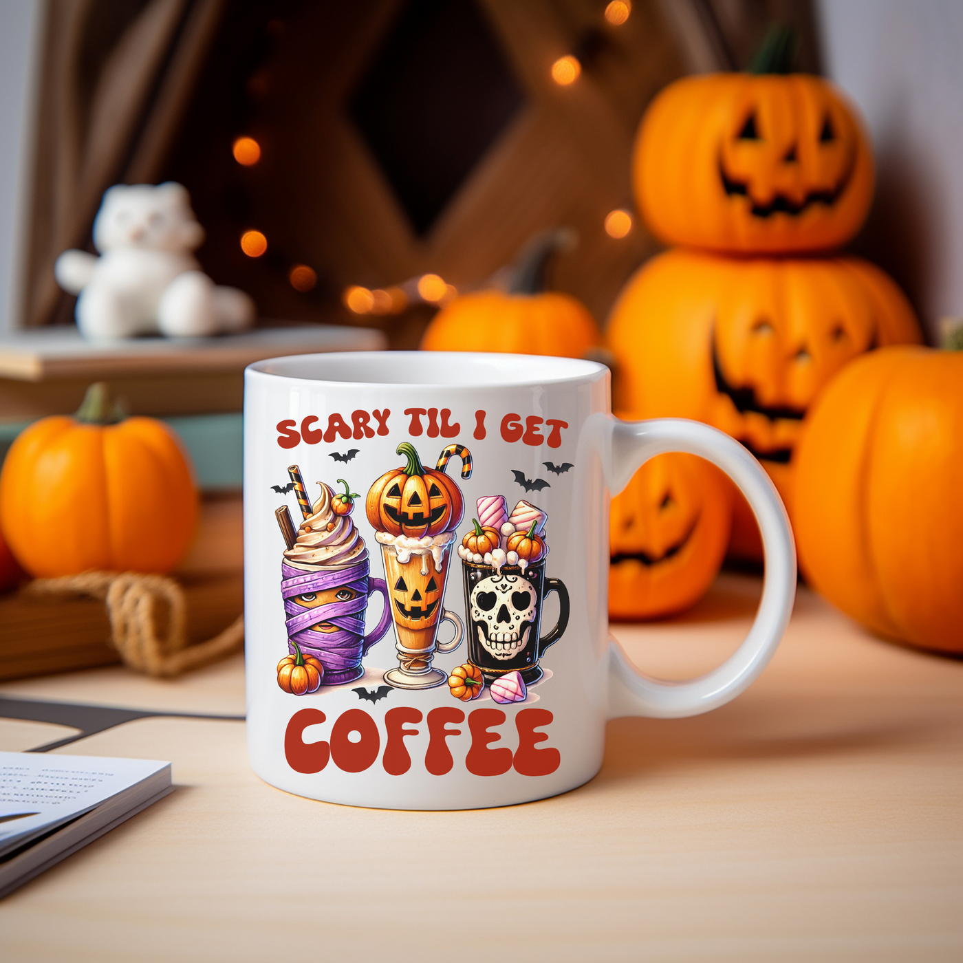 a coffee mug with a picture of three pumpkins on it