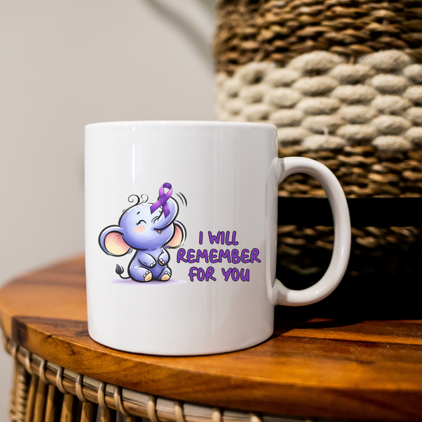 a white coffee mug with an elephant saying i will remember for you