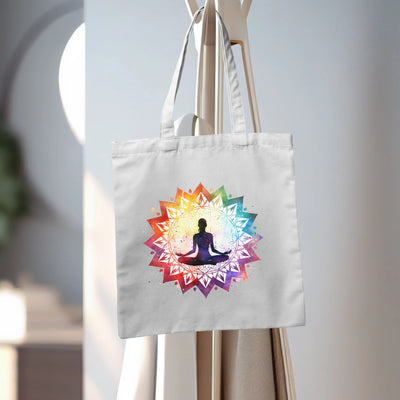 a tote bag with a woman doing yoga on it