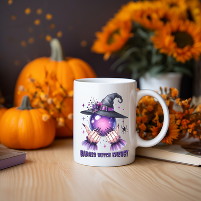 a white coffee mug with a witch on it