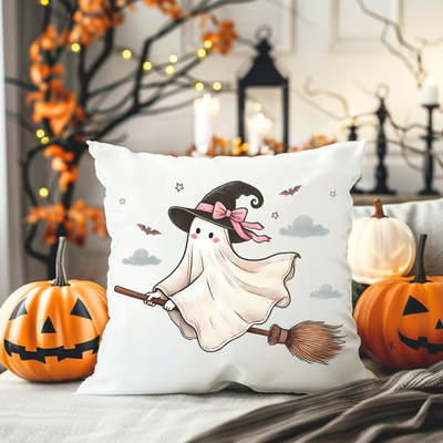 a white pillow with a witch flying on it