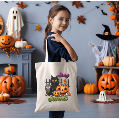 a little girl holding a trick or treat bag