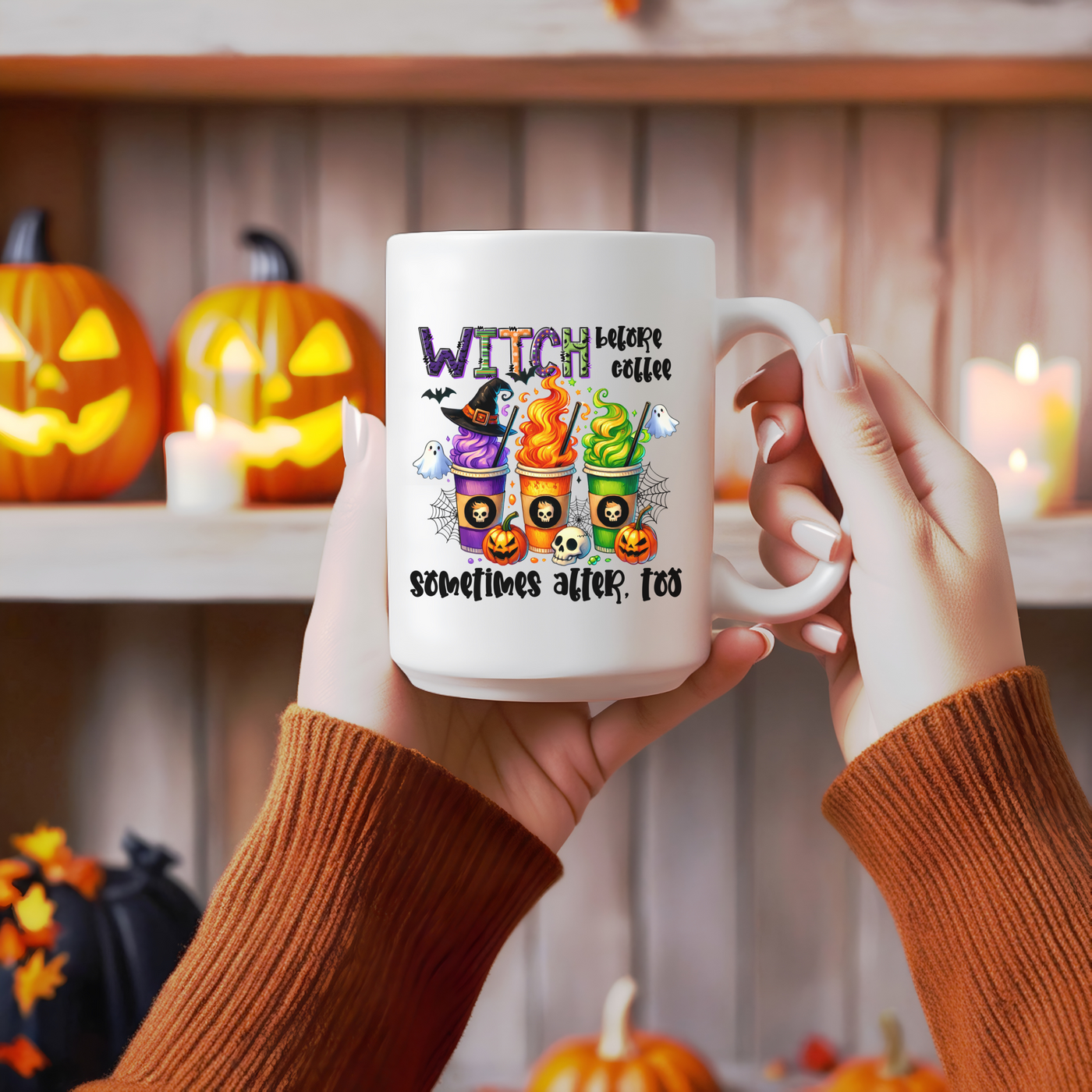 a woman is holding a coffee mug with a witch on it