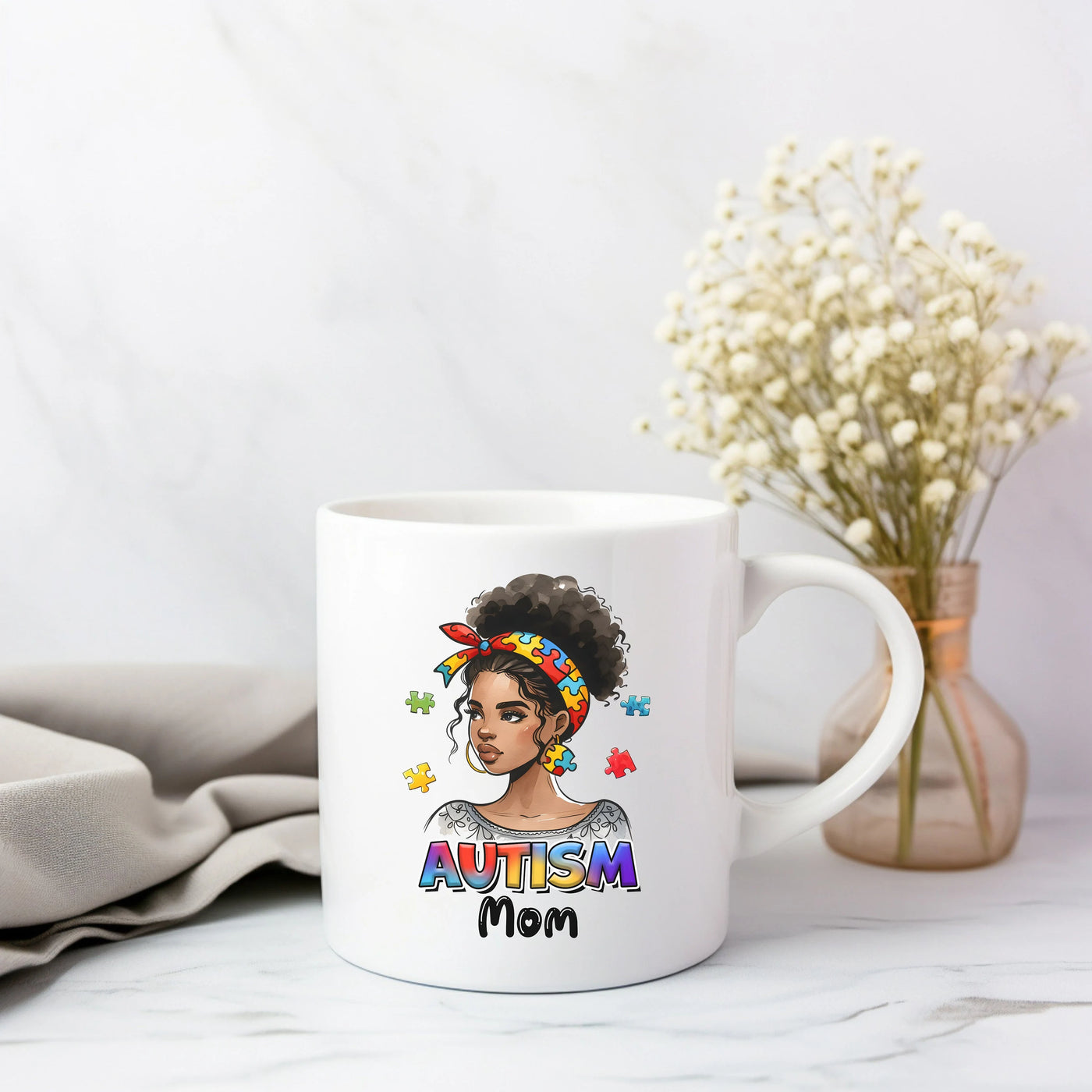 a white coffee mug with a picture of a woman's face on it