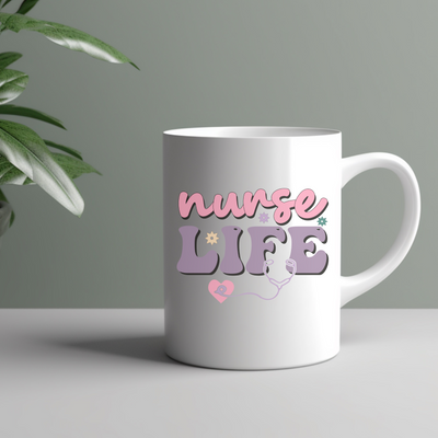 a white coffee mug with nurse life written on it