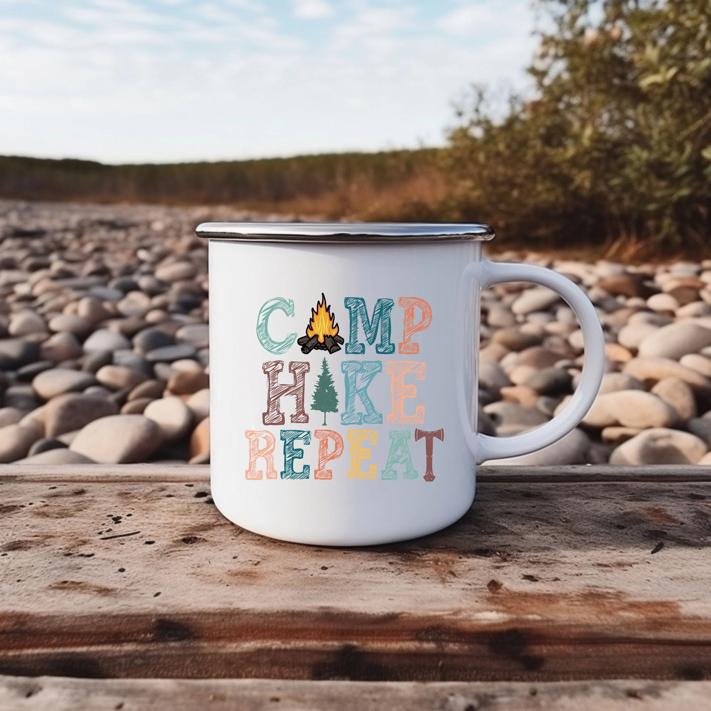 a camp mug sitting on top of a wooden table