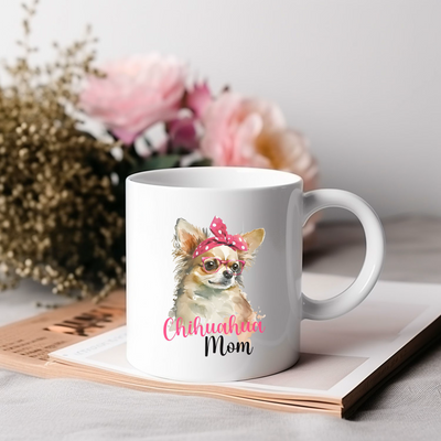 a white coffee mug with a picture of a chihuahua on it