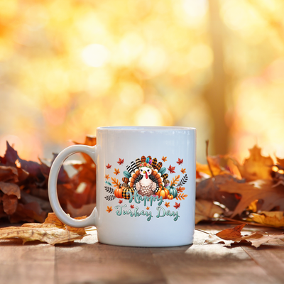 a white coffee mug with a turkey on it