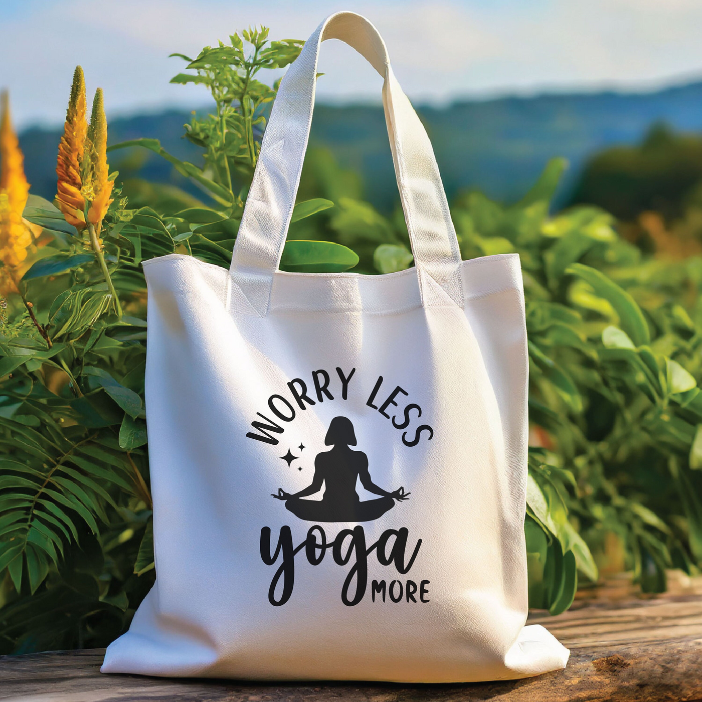 a yoga bag sitting on a wooden bench