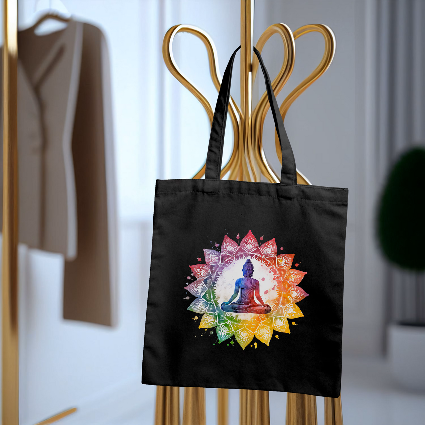 a black tote bag with a picture of a person doing yoga