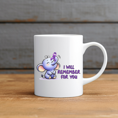 a white coffee mug with an elephant saying i will remember for you