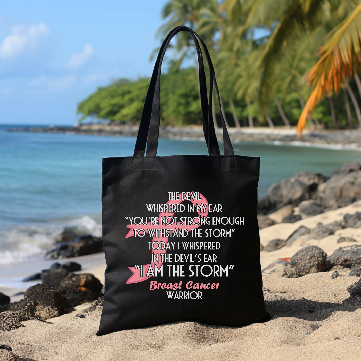 a black tote bag sitting on top of a sandy beach