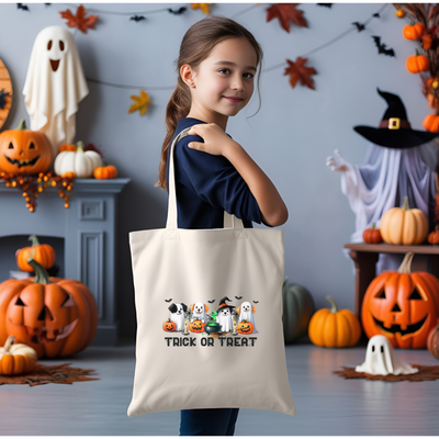 a little girl holding a trick or treat bag