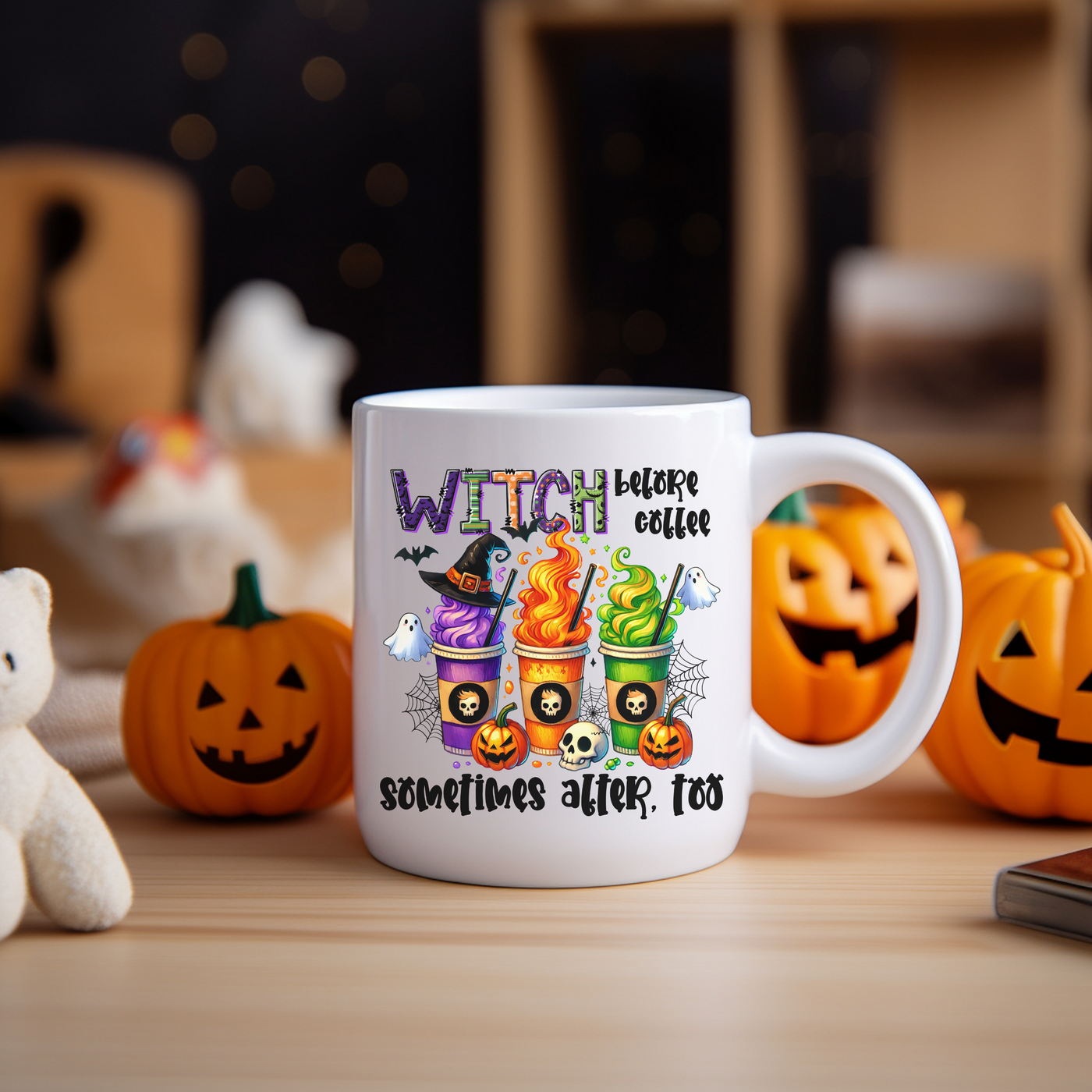 a white coffee mug sitting on top of a wooden table