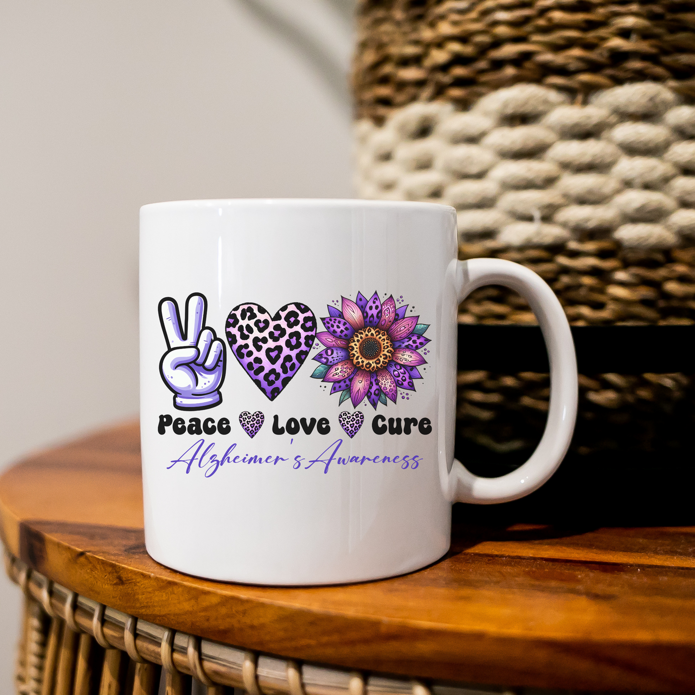 a white coffee mug sitting on top of a wooden table