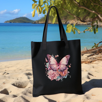 a black bag with a pink butterfly on it