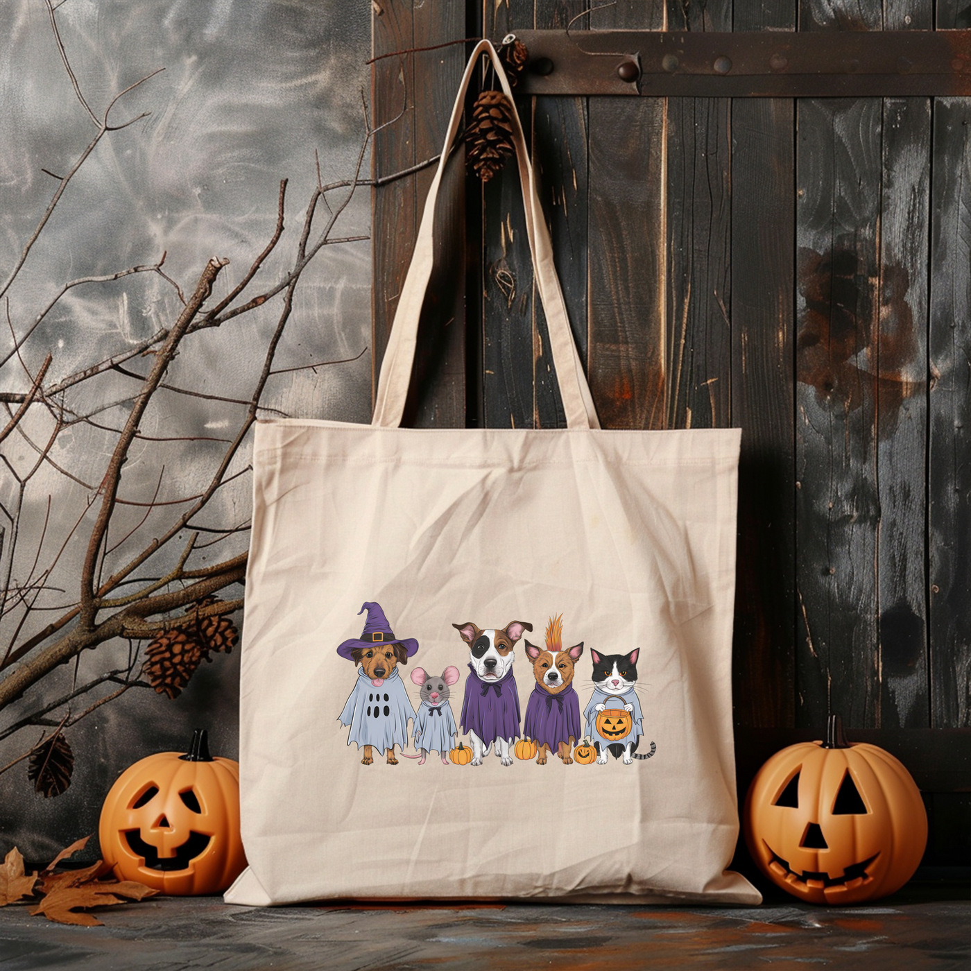 a tote bag with a picture of a group of dogs in halloween costumes