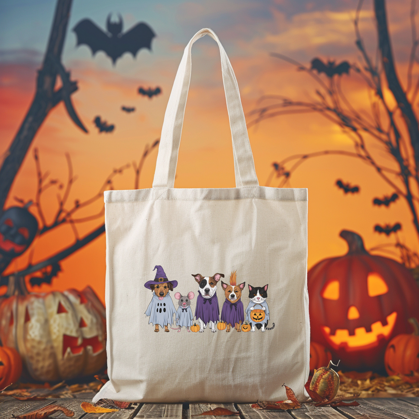 a white bag with a picture of a group of dogs in halloween costumes