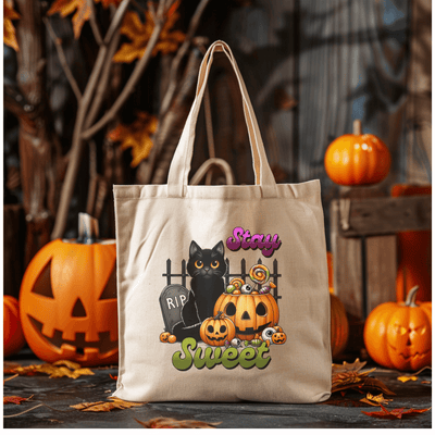 a canvas bag with a black cat and pumpkins on it