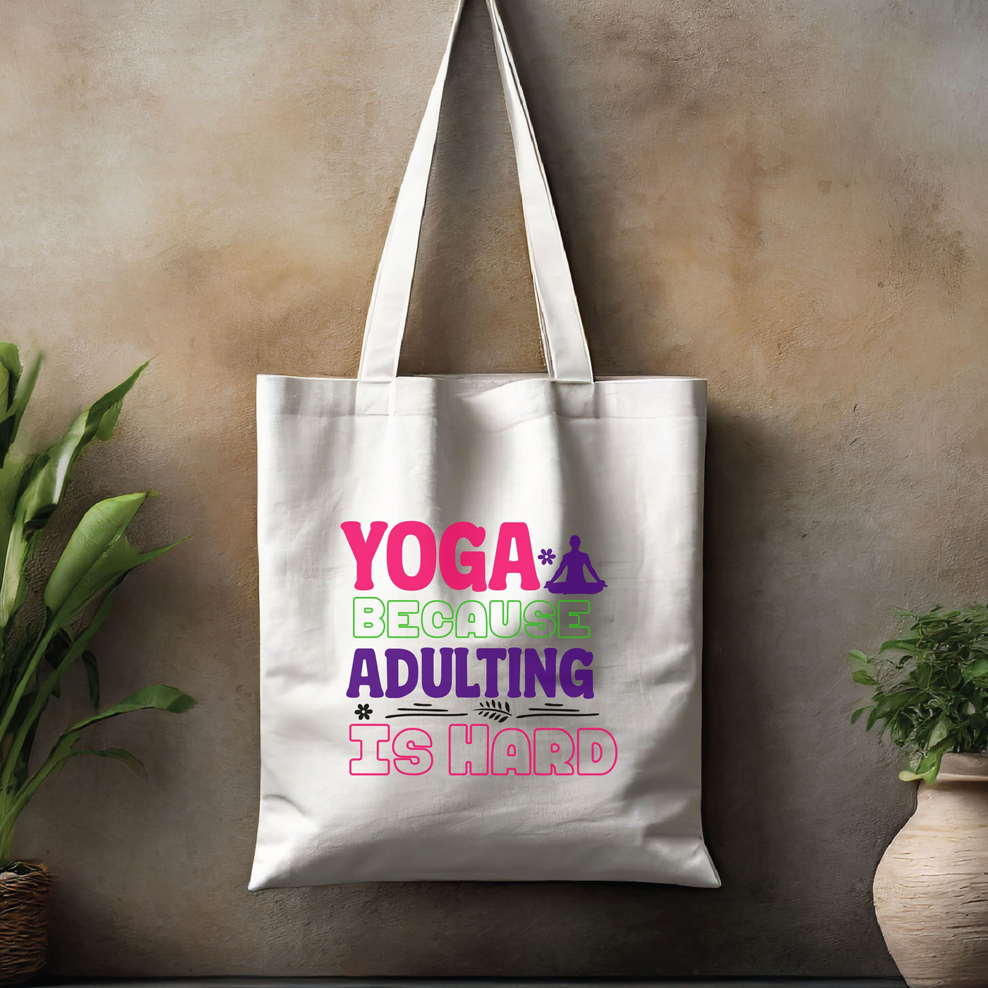 a yoga bag hanging on a wall next to a potted plant