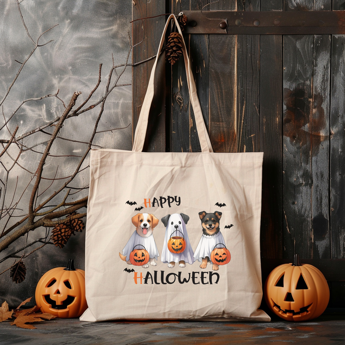 a tote bag with three dogs on it