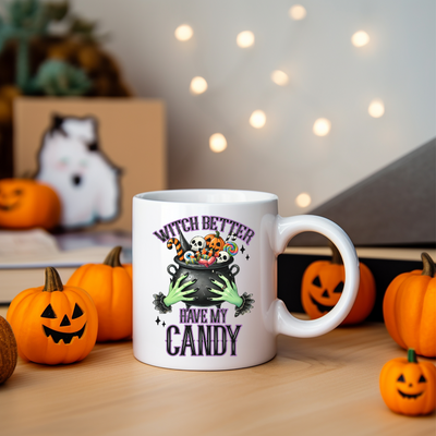 a white coffee mug with a witch saying on it