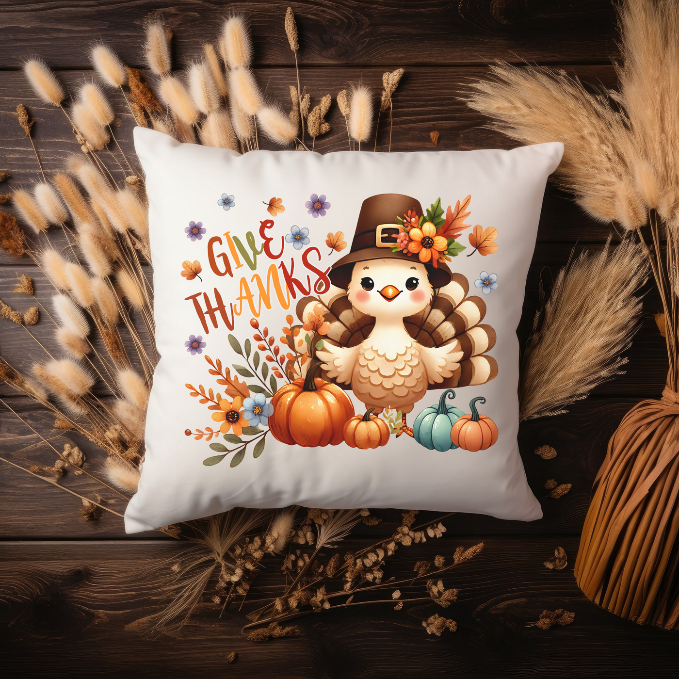 a white pillow with a thanksgiving turkey on it