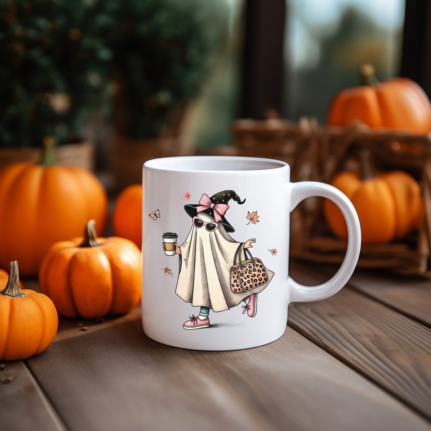 a white coffee mug with a picture of a woman holding a purse