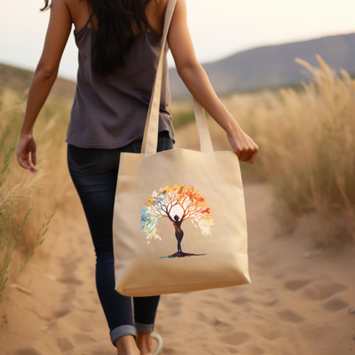 a woman carrying a bag with a tree on it