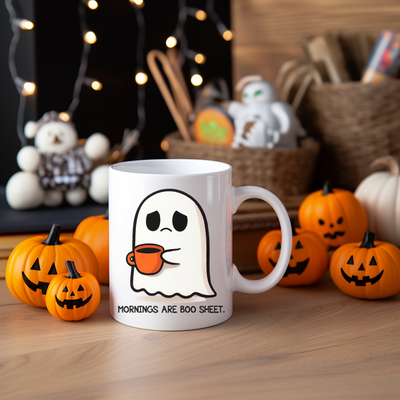 a white coffee mug with a ghost on it