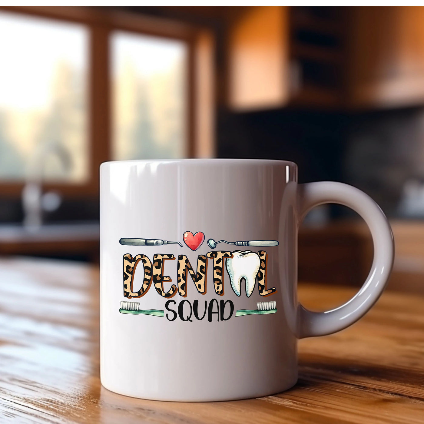 a white coffee mug sitting on top of a wooden table