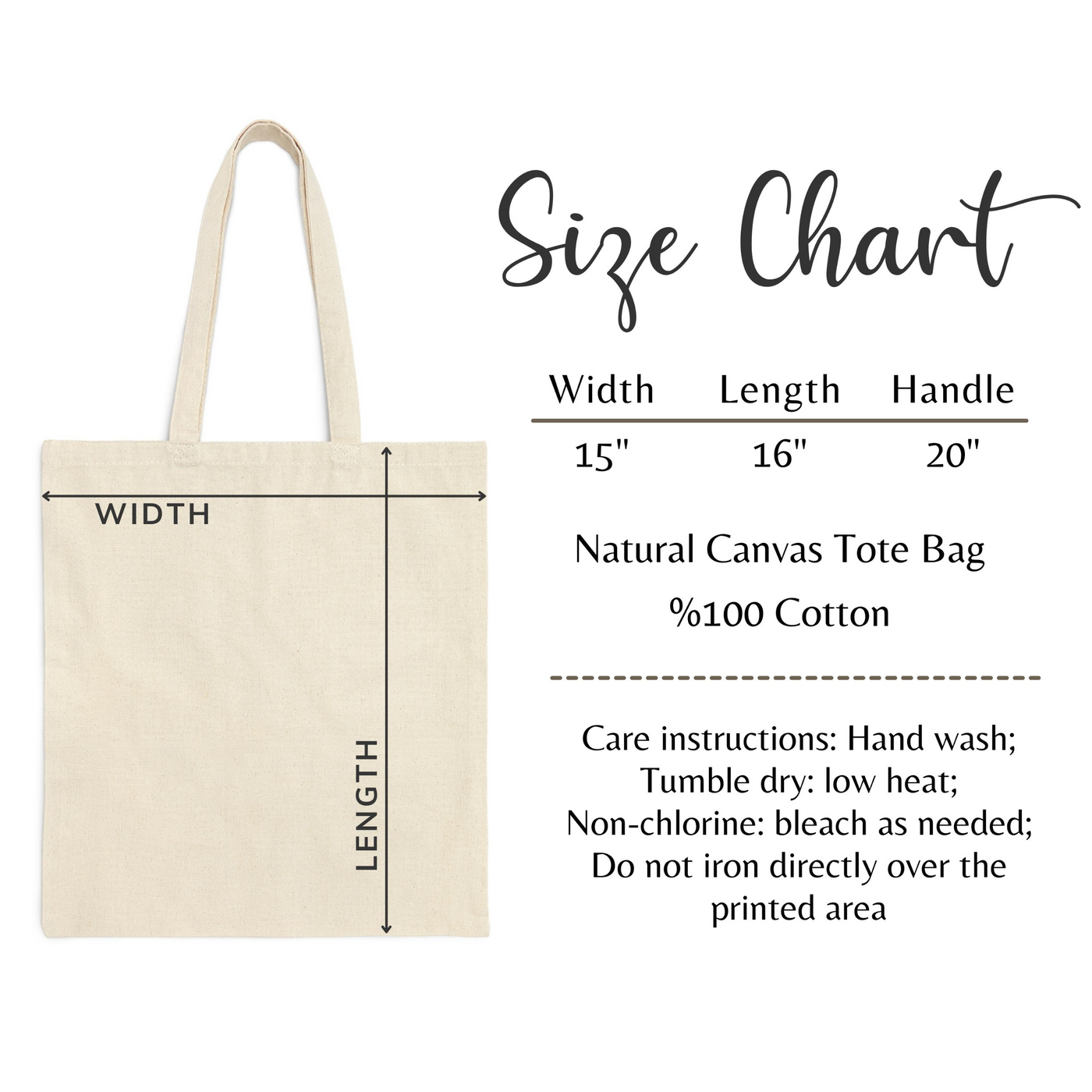 the size chart for a natural canvas tote bag