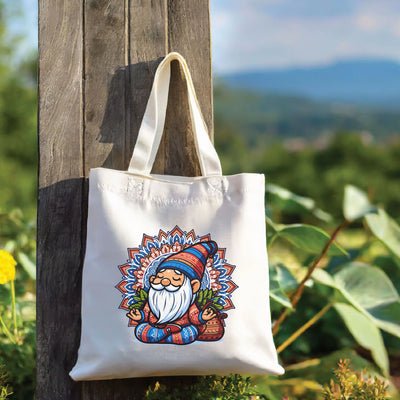 a tote bag with a picture of a gnome on it