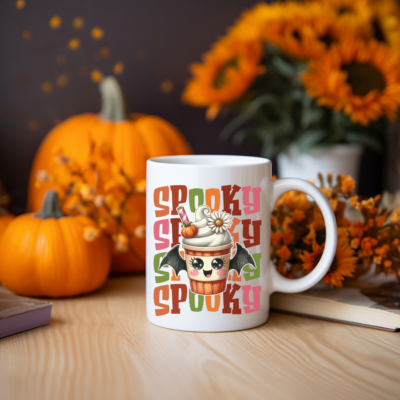 a coffee mug sitting on a table with pumpkins in the background