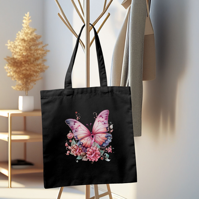 a black bag with a pink butterfly on it