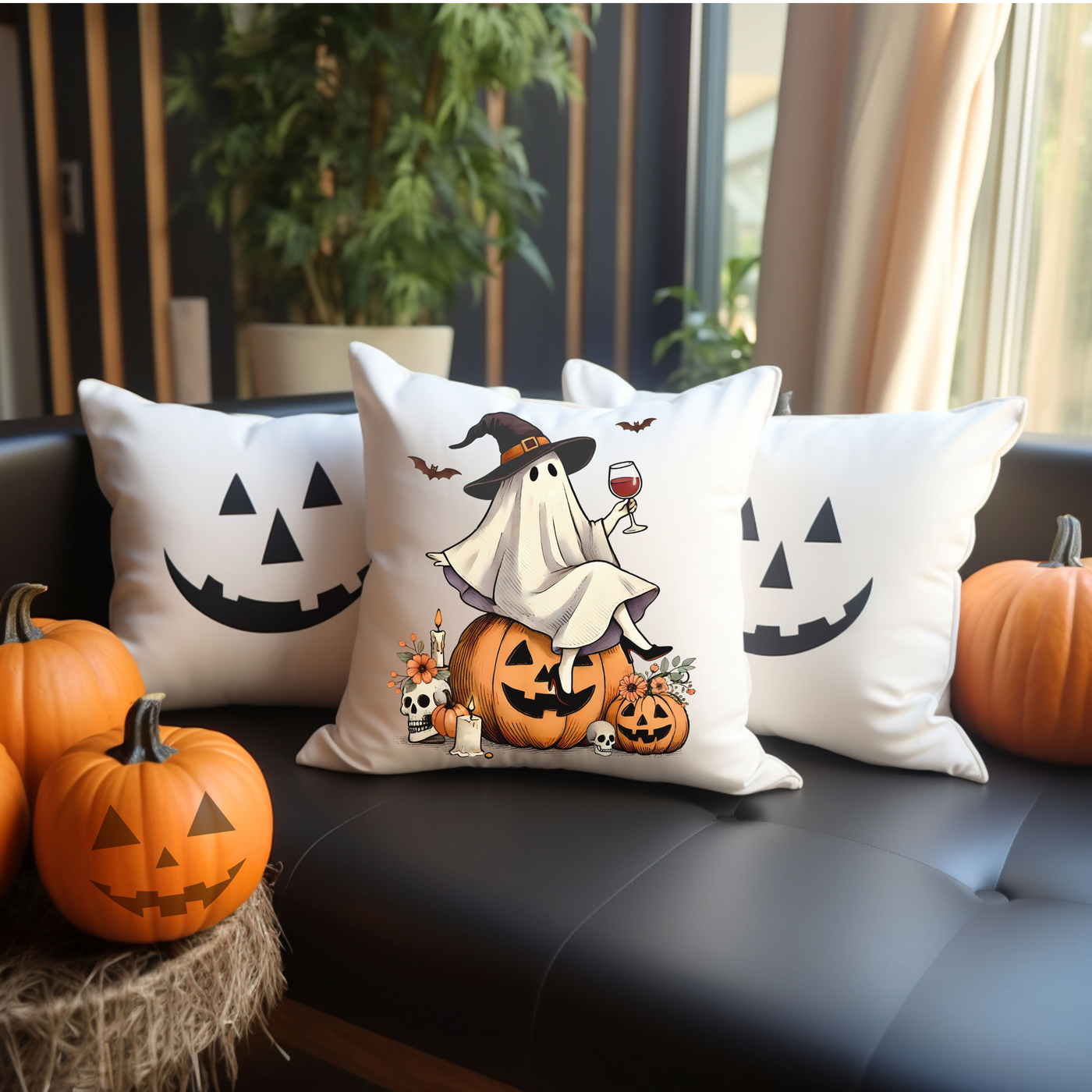 three pillows with pumpkins on them on a couch