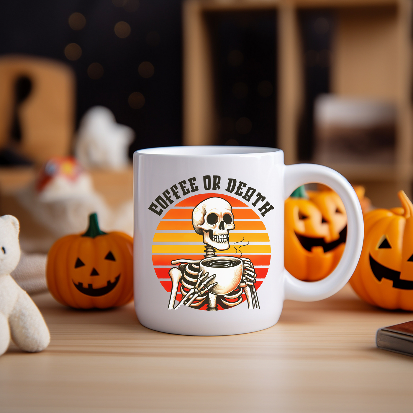 a coffee mug with a skeleton on it